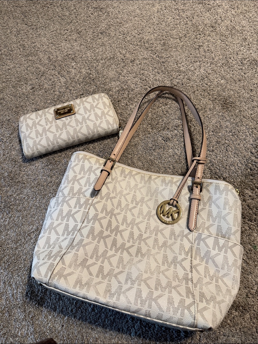 Michael Kors Cream Beige MK Logo Tote with Matching Wallet